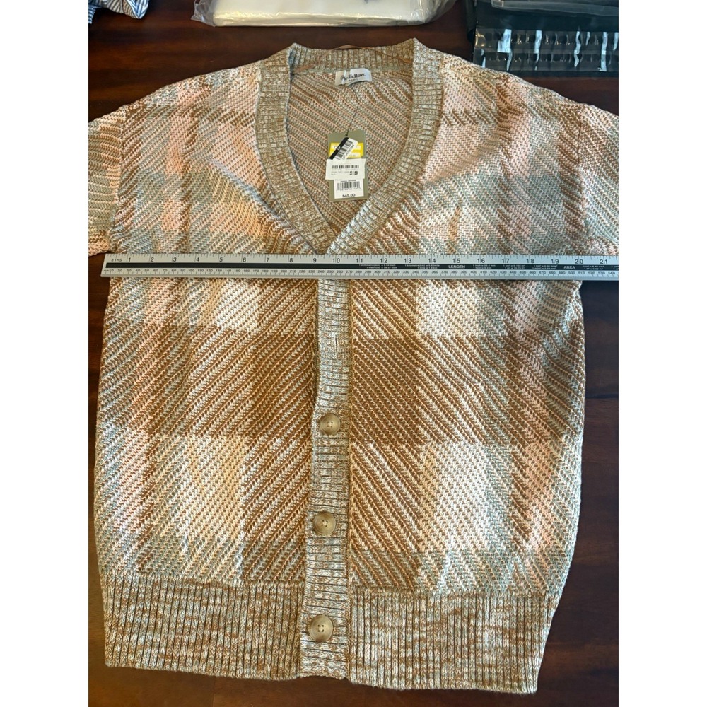 Goodfellow & Co Womens Beige Plaid Knit Button V-Neck Short Sleeve Cardigan L